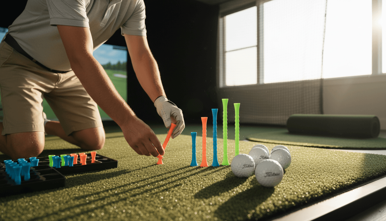 Golfer mid-swing at Garmin r50 simulator