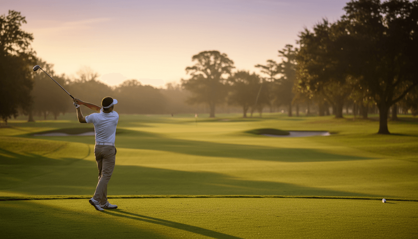 Golfer playing in simulator with game mode active