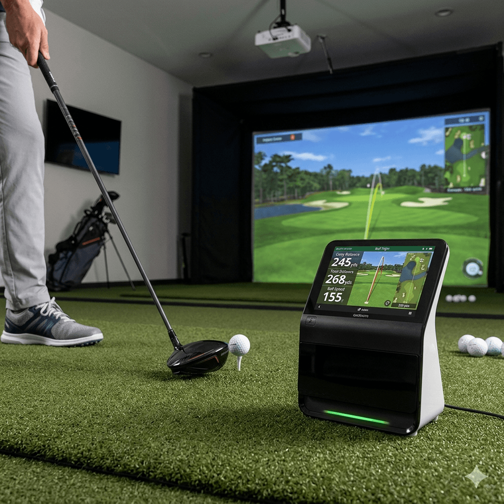 Indoor golf simulator featuring a golfer, launch monitor, and large virtual course projection screen.