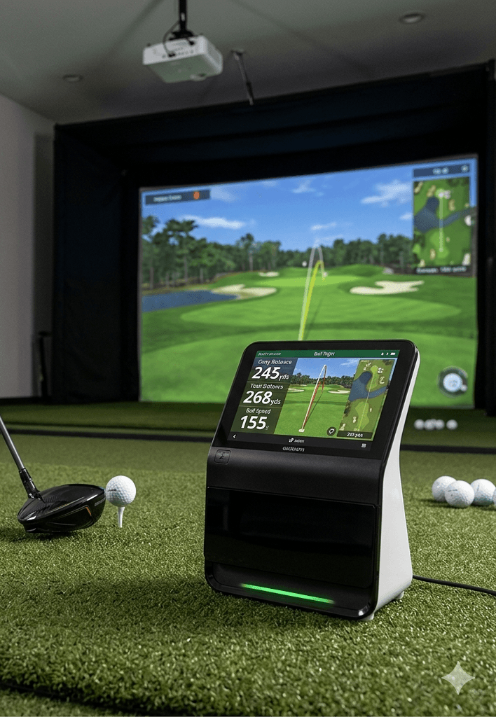 Indoor golf simulator featuring a launch monitor, driver, and large screen displaying a virtual course.